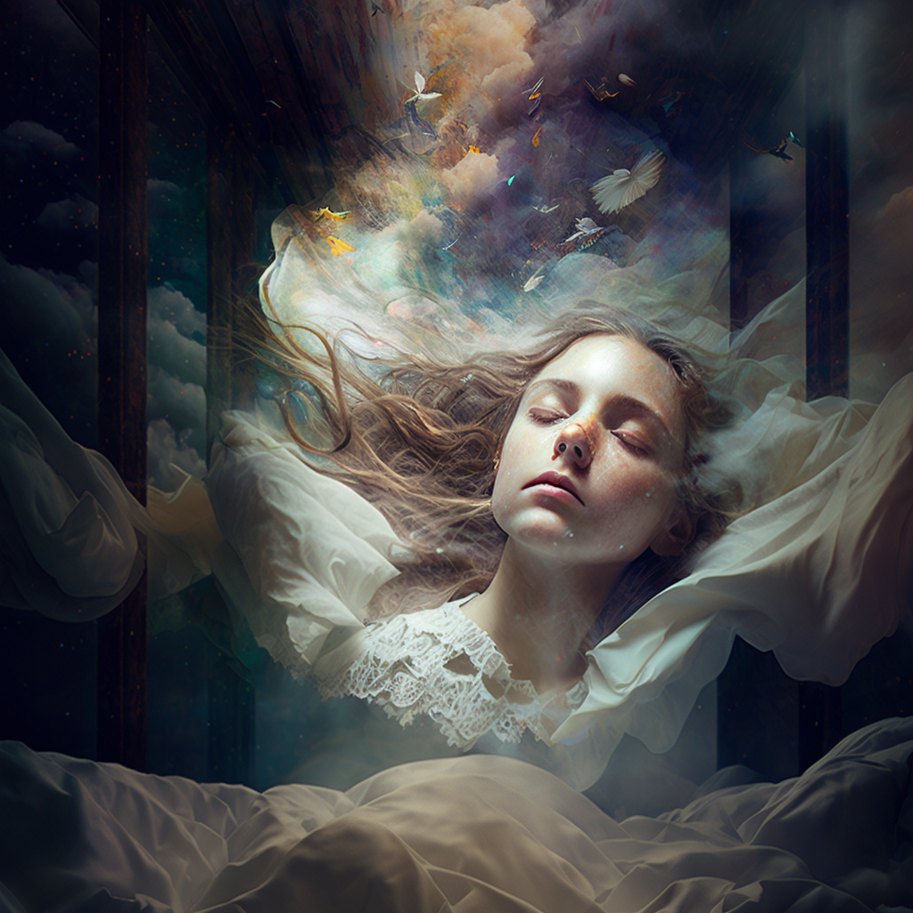 ภาพของหญิงสาวที่หลับใหลคล้ายล่องลอยอยู่ในความฝัน ท่ามกลางท้องฟ้าตอนกลางคืน มีหมู่นกนานาชนิดบินอยู่เหนือศรีษะ ภาพนี้ถูกวาดโดย AI